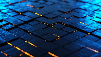 Grid of blue glass tiles viewed from low angle.