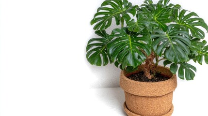 Obraz premium Monstera Plant in Pot: A lush, vibrant monstera plant thrives within a stylish pot. its elegant, perforated leaves against its surroundings
