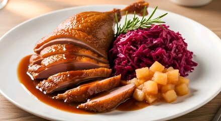 Sliced meat with gravy, red cabbage, and diced apples on a white plate, presented on a wooden table AI Generated