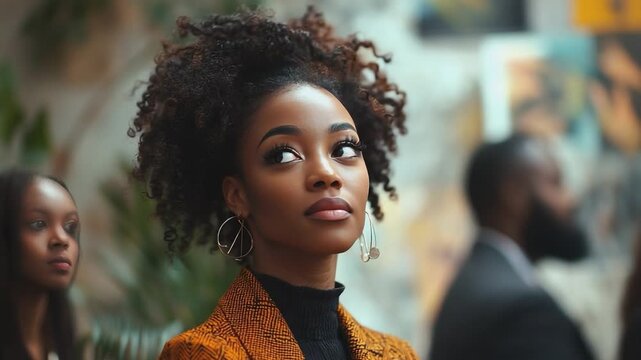 Visionary Gaze: An elegant woman with striking features looks upwards, her focused expression hinting at a world of aspiration and promise, with a soft focus background.