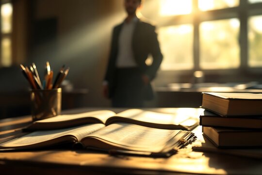 Open book on wooden desk with pencils and stacked books image