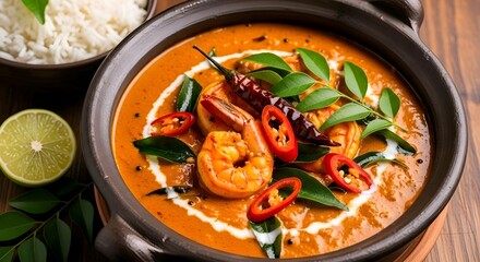 A bowl of Thai red curry with shrimp, served with rice and garnished with herbs and chili peppers. AI Generated