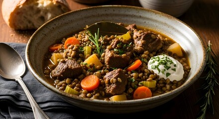 Hearty stew with meat, vegetables, and lentils in a bowl, served with a dollop of yogurt and fresh herbs. AI Generated