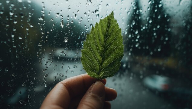A hand holds a vibrant green leaf against a rainy window - Powered by Adobe