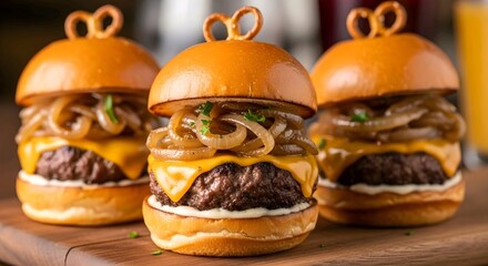 Three identical cheeseburgers with caramelized onions and pretzel buns are arranged on a wooden surface, looking very appetizing. AI Generated