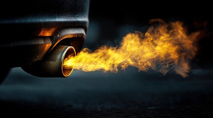 Car exhaust pipe emitting fiery orange flames