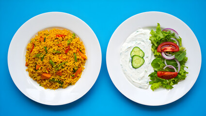 Overhead shot of vibrant yellow vegetable rice and a fresh Greek yogurt salad; healthy food choices.