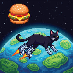 Pixel art depicts a black cat wearing rocket boots flying in space towards a burger, with a planet in the background.