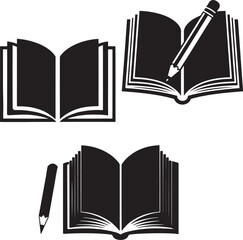 set of open books and writing tools in black and white vector