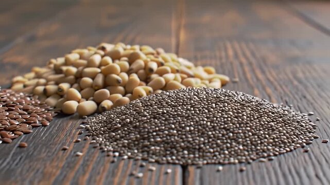Heap of Flax Seeds Pine Nuts and Chia Seeds on Dark Wood Grain Under Soft Lighting