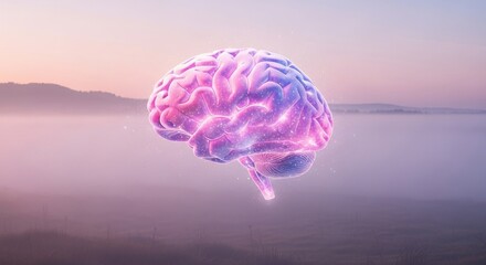 Digital Brain Illustration in Vibrant Pink and Purple Colors Floating Over Calm Lake at Sunset