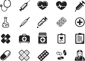 Health Medical Icons in Silhouette on White Background  Premium Vector Set
