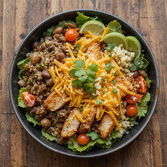 Colorful and Nutritious Bowl of Chicken, Couscous, Black Beans, and Fresh Vegetables with Lime Garnish