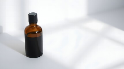 Amber glass bottle with a black cap for essential oils or cosmetic serum on a white surface with soft light. Minimalist product mockup for beauty and wellness.