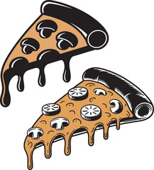 Pizza slices with melted cheese dripping in black and white vector cartoon