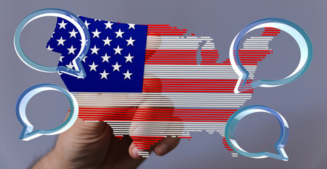 Conceptual image of American flag with speech bubbles, representing digital communication and national identity.