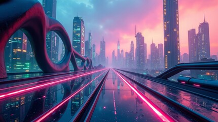 Futuristic cityscape with neon lights skyscrapers urban
