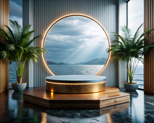 Elegant product display podium with a circular light frame overlooking a serene ocean view complemented by potted plants and a modern architectural backdrop