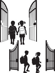 School children walking through school gate in black and white vector style suitable for education back to school themes student safety posters and learning-related design concepts