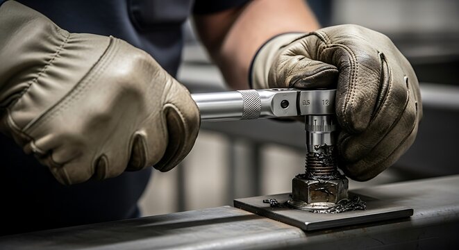 A worker wearing protective gloves uses a torque wrench to tighten a large bolt on a metal structure.