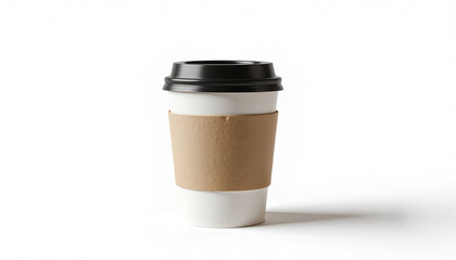 Isolated White Coffee Cup with Black Lid and Cardboard Sleeve on a White Background Minimalist Style for Stock Photography and Design