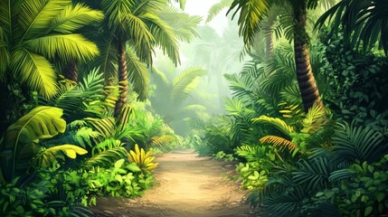 Lush jungle path lined with vibrant foliage.