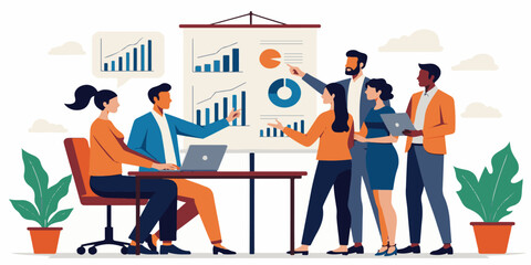 Vector illustration of business people meeting in an office to discuss a concept