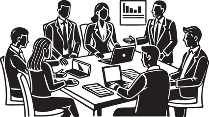 Vector art illustration of business people working together in a funny meeting at a desk with a computer