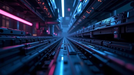 Futuristic server racks with neon lights technology