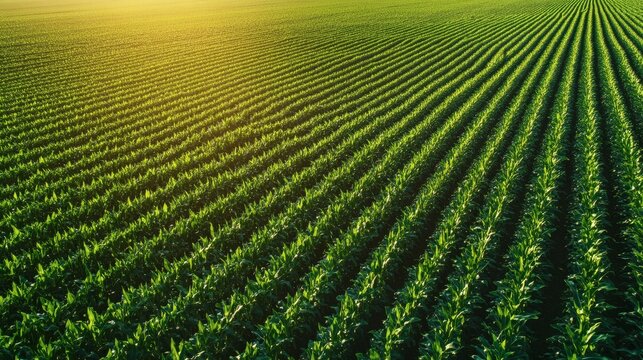 A vast expanse of corn rows under golden sunlight.