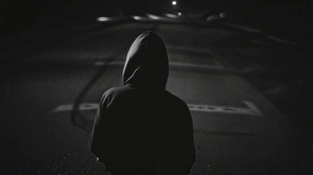 Suspicious Hooded Person in Alley &ndash; Gritty Surveillance Camera Footage in Dark Urban Setting

