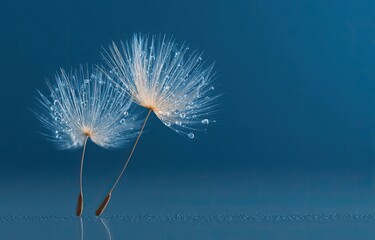 Two dandelion seed heads, covered in water droplets, against a deep blue background.  Reflection on a slightly textured surface