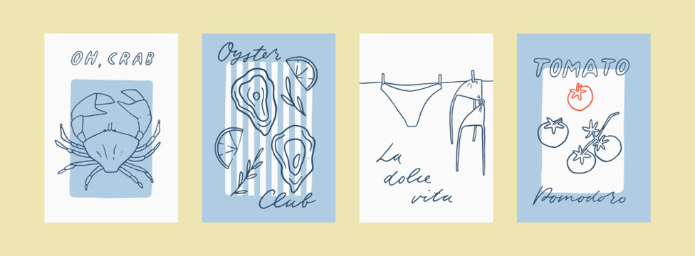 Set of Mediterranean summer whimsical print stamps. Coquette coastal hand drawn vector poster collection. Nautical decorative fun Italian retro cards. Perfect for summer sea vacation