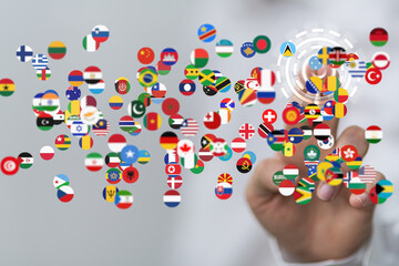 Image of world flags interconnected, symbolizing global collaboration and networking.