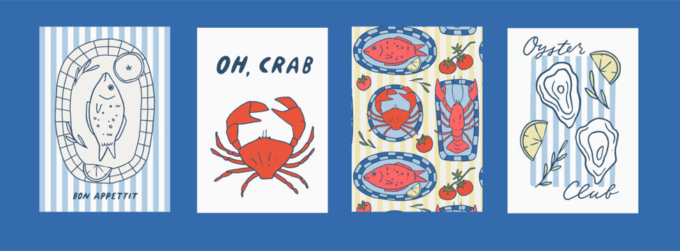 Set of Mediterranean summer whimsical print stamps. Coquette coastal hand drawn vector poster collection. Nautical decorative fun Italian retro cards. Perfect for summer sea vacation