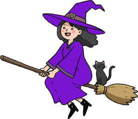 Cute cartoon illustration of a witch with a bright purple robe, a large witch hat, and a happy expression, flying on a broom.