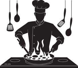 Professional chef cooking on stove with kitchen utensils in black and white silhouette vector