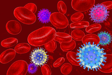 Human pathogenic viruses, 3D illustration with realistic particles and bokeh background, representing viral infections and transmission pathways.