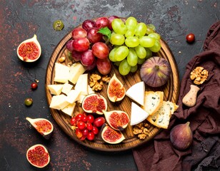 Fruit and cheese board with grapes, figs and nuts