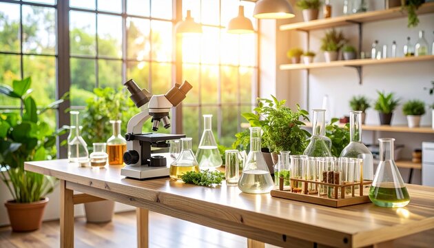 Minimalist DIY home biotech lab with microscope, petri dishes, and glassware arranged neatly on a wooden table under soft daylight.