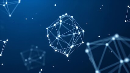 A rotating geometric sphere made of glowing lines and nodes on a digital blue background - Powered by Adobe