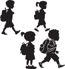 School children walking with backpacks in silhouette style black and white vector illustration ideal for educational back to school posters student safety awareness and learning themes