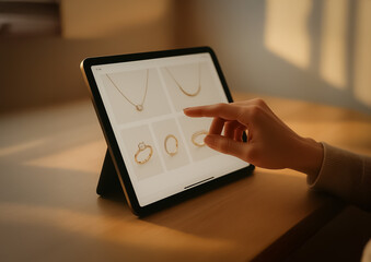 Hand interacting with a digital jewelry catalog, showcasing elegant rings and necklaces in soft sunlight on a wooden desk.