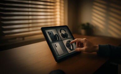 Close-up of a hand interacting with a sleek digital product page featuring smartwatches and audio gear.