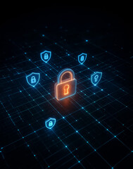Orange-blue lock icon on a circuit grid, visualizing centralized network security and protected access within a tech framework.