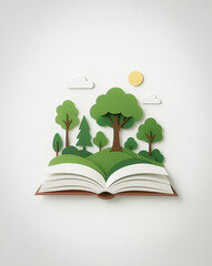 Colorful eco-learning landscape emerging from an open book, showcasing nature, trees, and education merged in a paper-style 3D illustration.