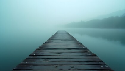 Wooden Pier in the fog Extending into Misty Teal Lake 