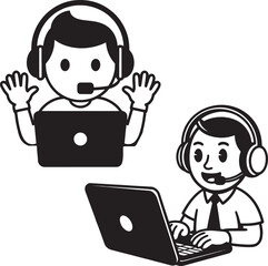 Customer service representative working on a laptop with headset in black and white cartoon vector