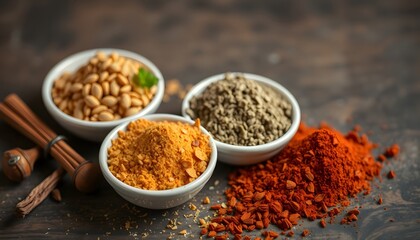 Assorted spices turmeric chili powder cinnamon and lentils in bowls on dark background