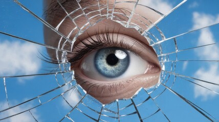 Surreal image of an eye peeking through shattered glass, reflecting sky